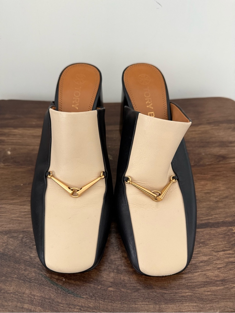 Tory Burch Two-Tone Black and Cream Leather Mules with Gold Hardware
